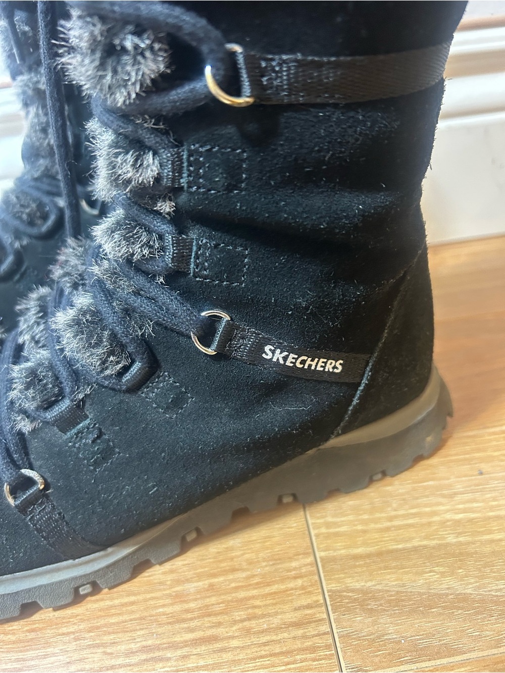 Skechers Black Suède Faux-Fur Lace-Up Tall winter Boots❤️9 - Picture 2 of 15